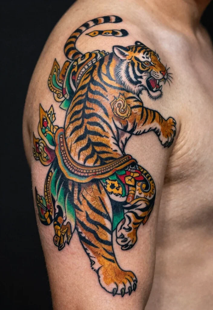 18 Asian Tiger Tattoo Ideas With Fierce Power - 11. Thai Tiger Dance Tattoo 1