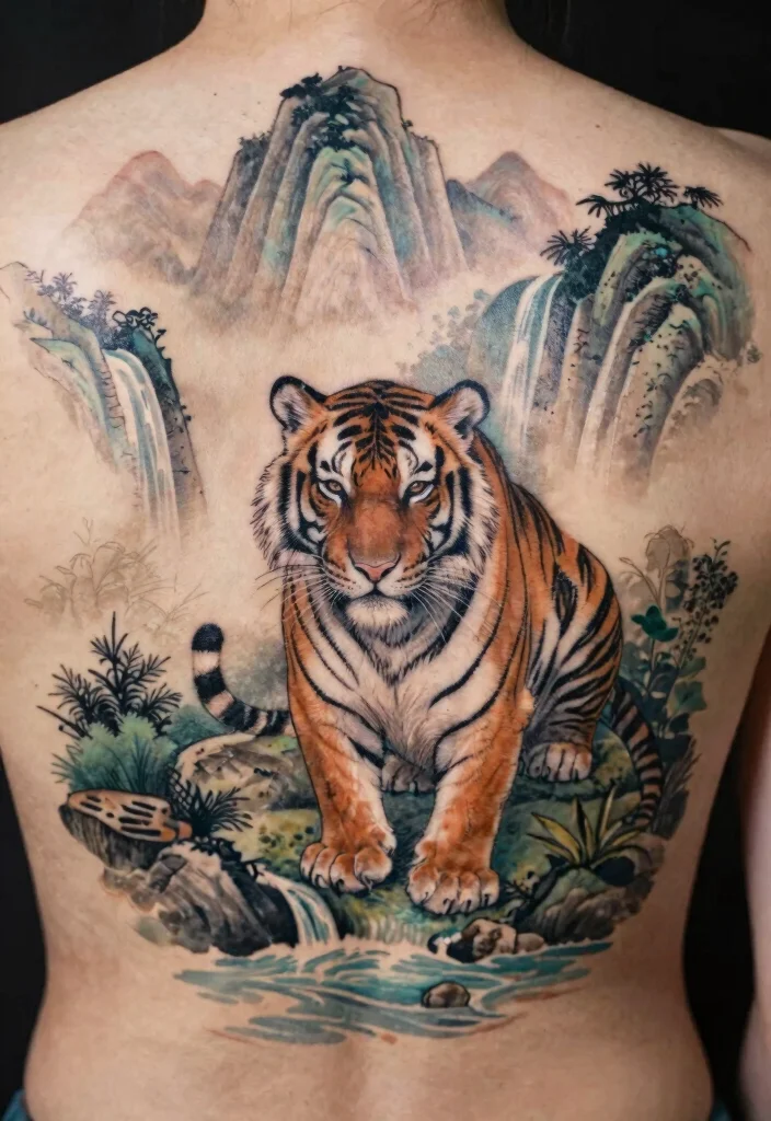 18 Asian Tiger Tattoo Ideas With Fierce Power - 12. Zen Tiger and Nature 1
