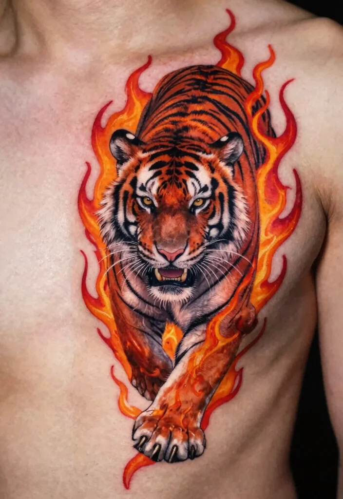 18 Asian Tiger Tattoo Ideas With Fierce Power - 13. Fierce Tiger with Flames 1