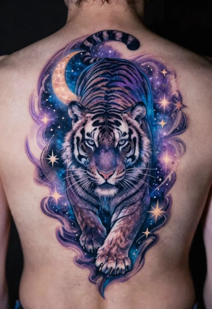 18 Asian Tiger Tattoo Ideas With Fierce Power - 14. Mystical Tiger with Celestial Elements 1