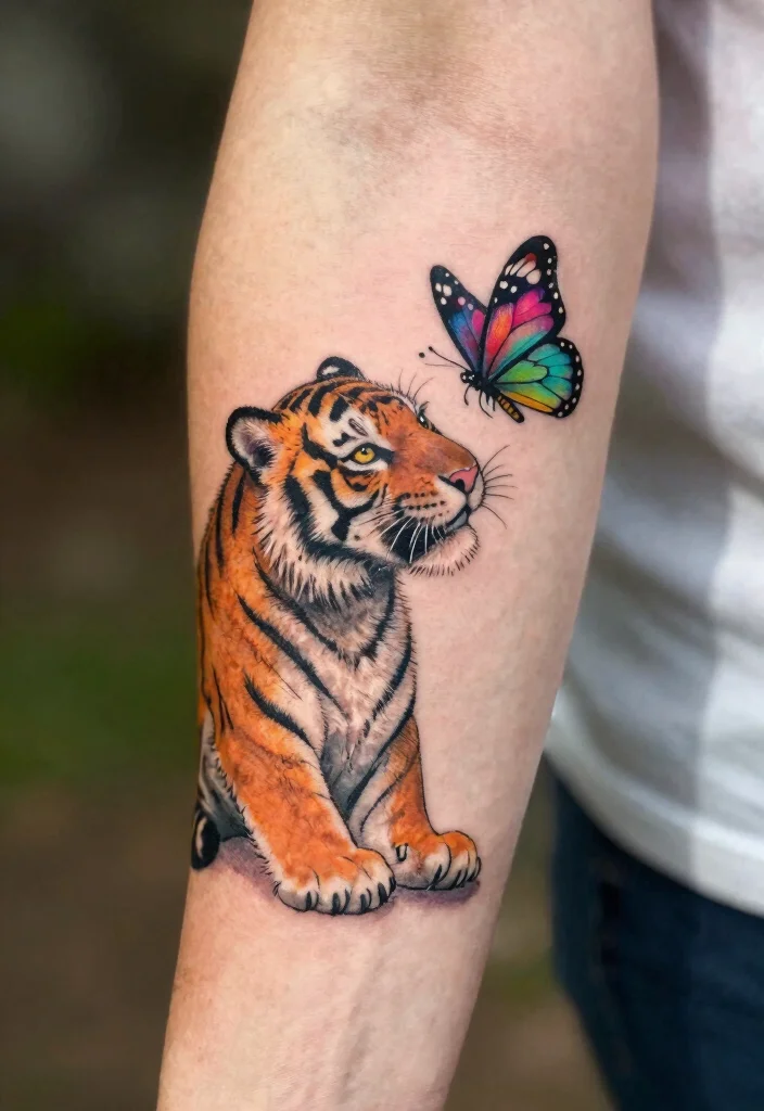 18 Asian Tiger Tattoo Ideas With Fierce Power - 16. Playful Tiger with Butterfly 1