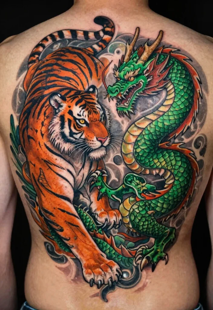 18 Asian Tiger Tattoo Ideas With Fierce Power - 17. Tiger and Dragon Duality Tattoos 1