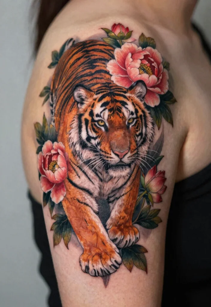 18 Asian Tiger Tattoo Ideas With Fierce Power - 7. Floral Tiger Ink 1