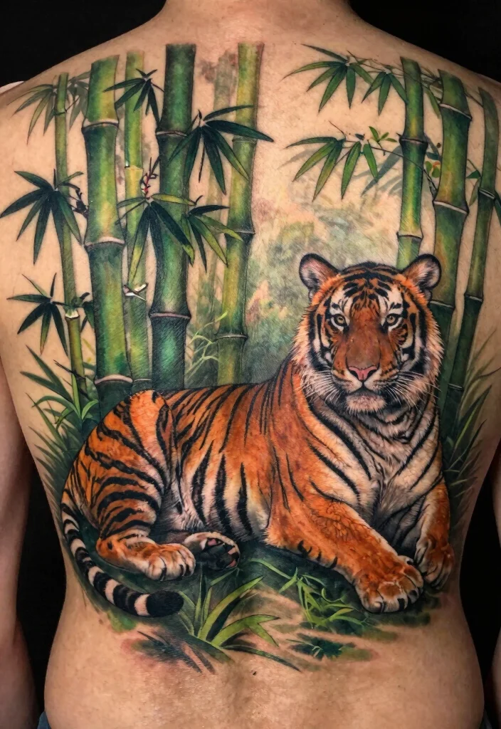 18 Asian Tiger Tattoo Ideas With Fierce Power - 8. Burmese Tiger with Bamboo 1