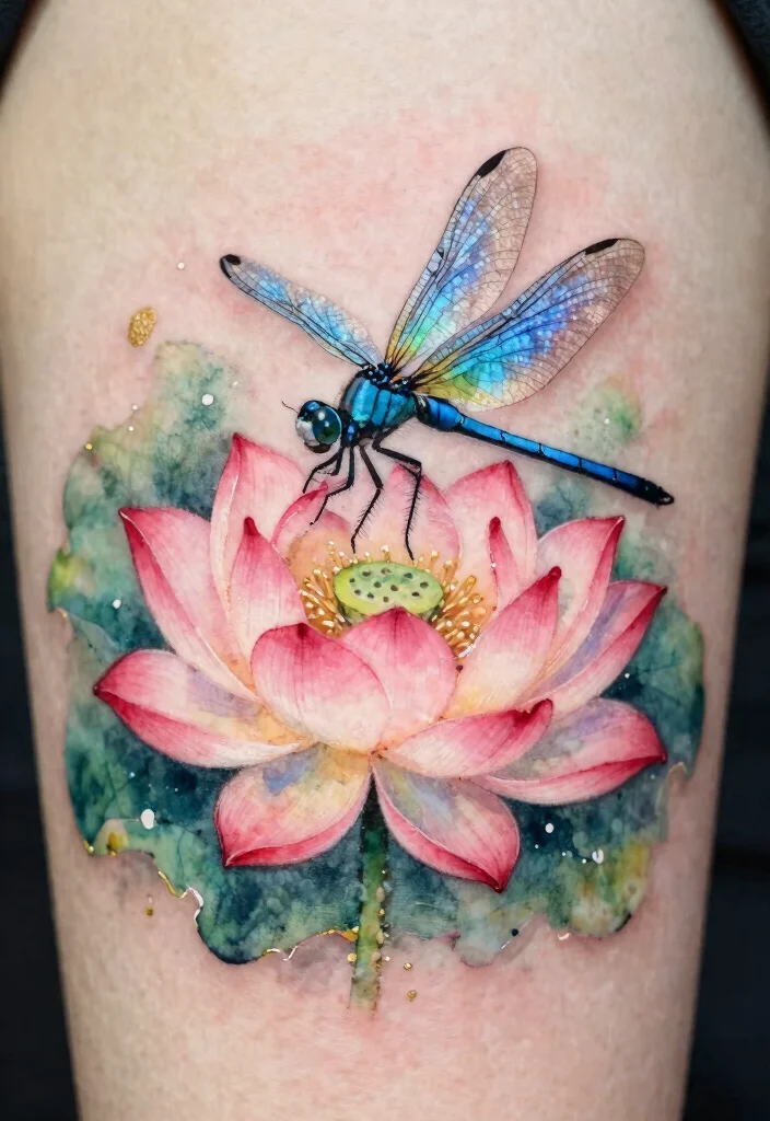 18 Dragonfly and Flower Tattoo Ideas With Natural Grace - 1. Ethereal Blue Dragonfly with Lotus Flower 1
