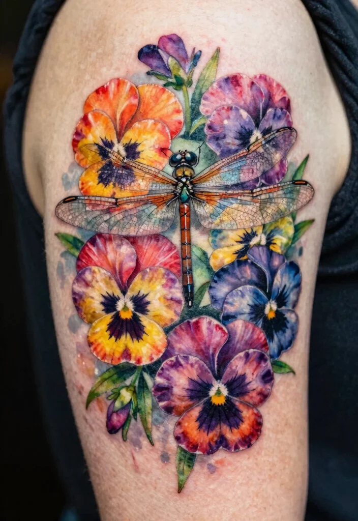 18 Dragonfly and Flower Tattoo Ideas With Natural Grace - 10. Artistic Dragonfly with Pansies 1