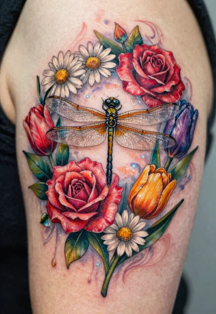 18 Dragonfly and Flower Tattoo Ideas With Natural Grace - 11. Enchanted Dragonfly within a Flower Crown 1