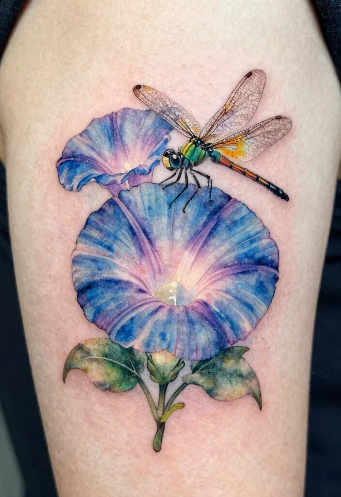 18 Dragonfly and Flower Tattoo Ideas With Natural Grace - 12. Dreamy Dragonfly with Morning Glories 1