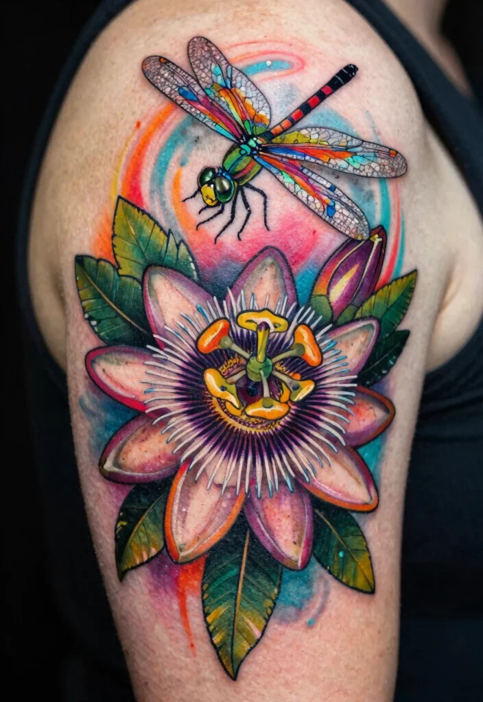 18 Dragonfly and Flower Tattoo Ideas With Natural Grace - 13. Bold Dragonfly with Passionflowers 1