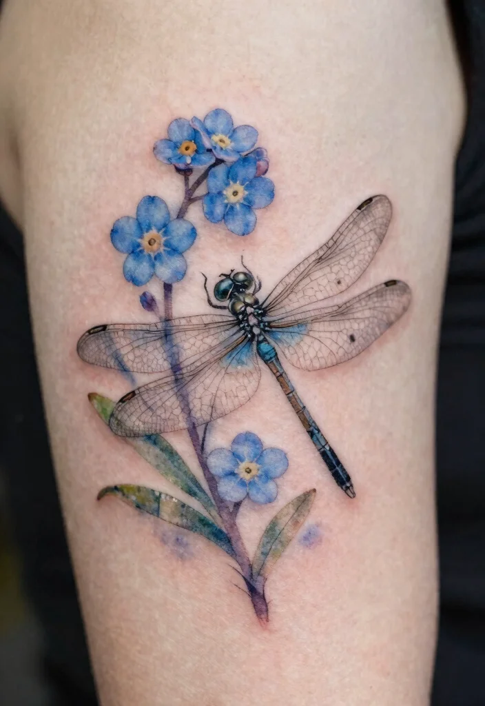 18 Dragonfly and Flower Tattoo Ideas With Natural Grace - 14. Serene Dragonfly with Forget-Me-Nots 1