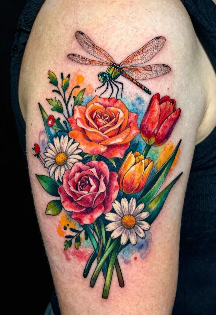 18 Dragonfly and Flower Tattoo Ideas With Natural Grace - 15. Radiant Dragonfly and Flower Bouquet 1