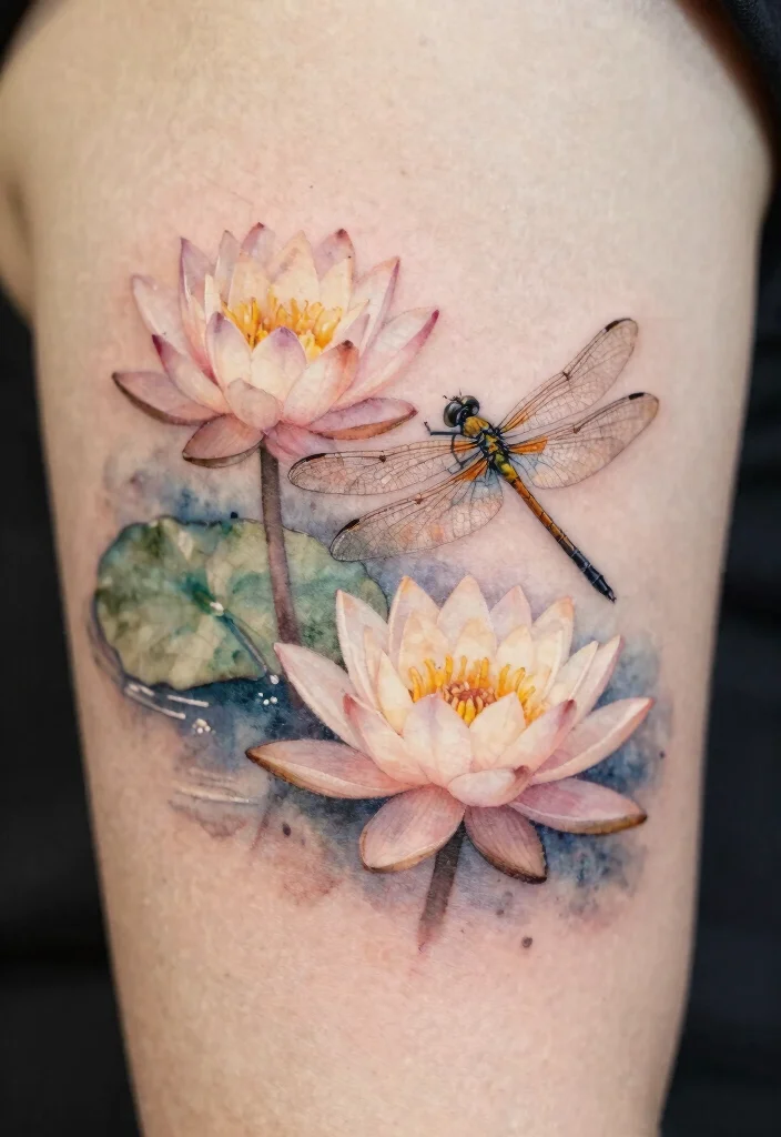 18 Dragonfly and Flower Tattoo Ideas With Natural Grace - 16. Tranquil Dragonfly with Water Lilies 1
