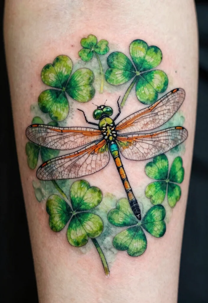 18 Dragonfly and Flower Tattoo Ideas With Natural Grace - 17. Charming Dragonfly with Clovers 1