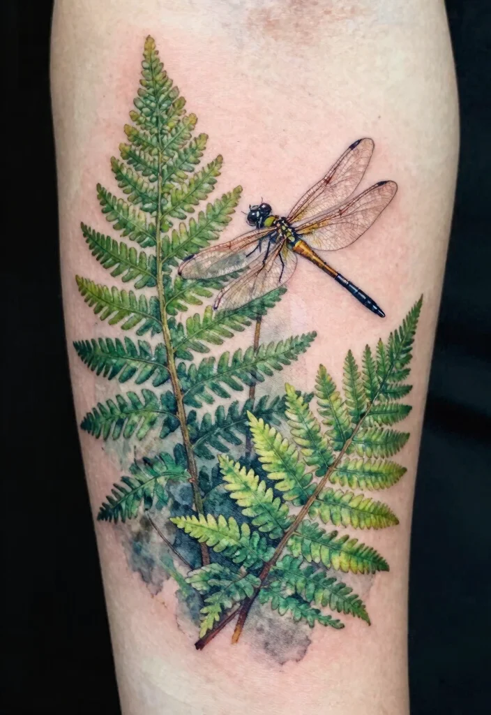18 Dragonfly and Flower Tattoo Ideas With Natural Grace - 18. Dynamic Dragonfly with Ferns 1