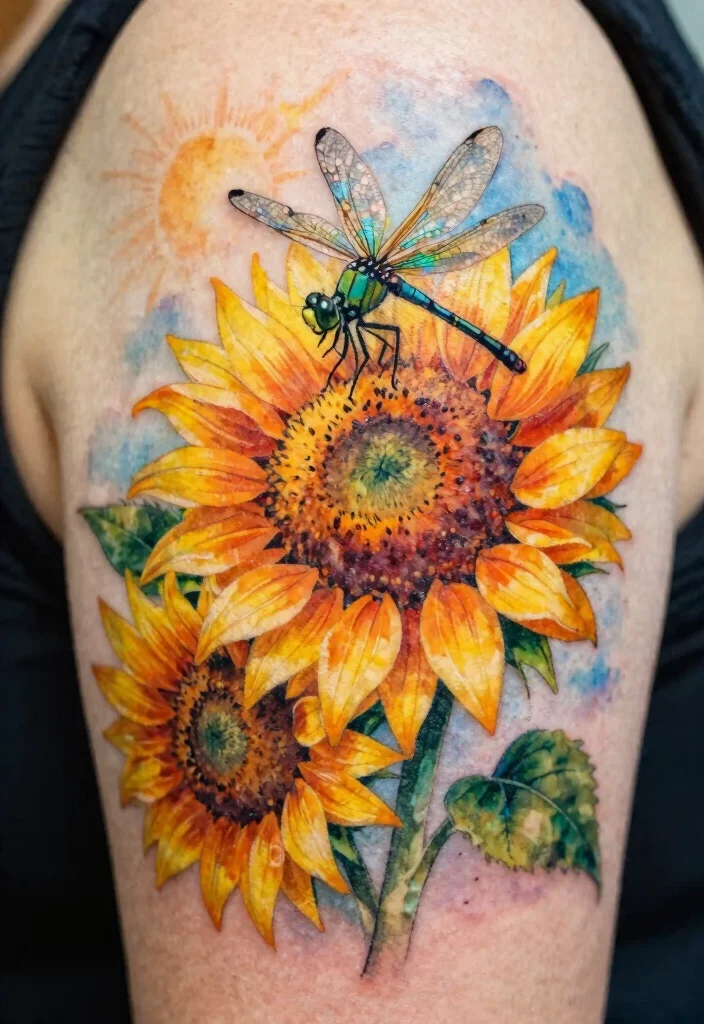 18 Dragonfly and Flower Tattoo Ideas With Natural Grace - 2. Whimsical Dragonfly Over Sunflowers 1