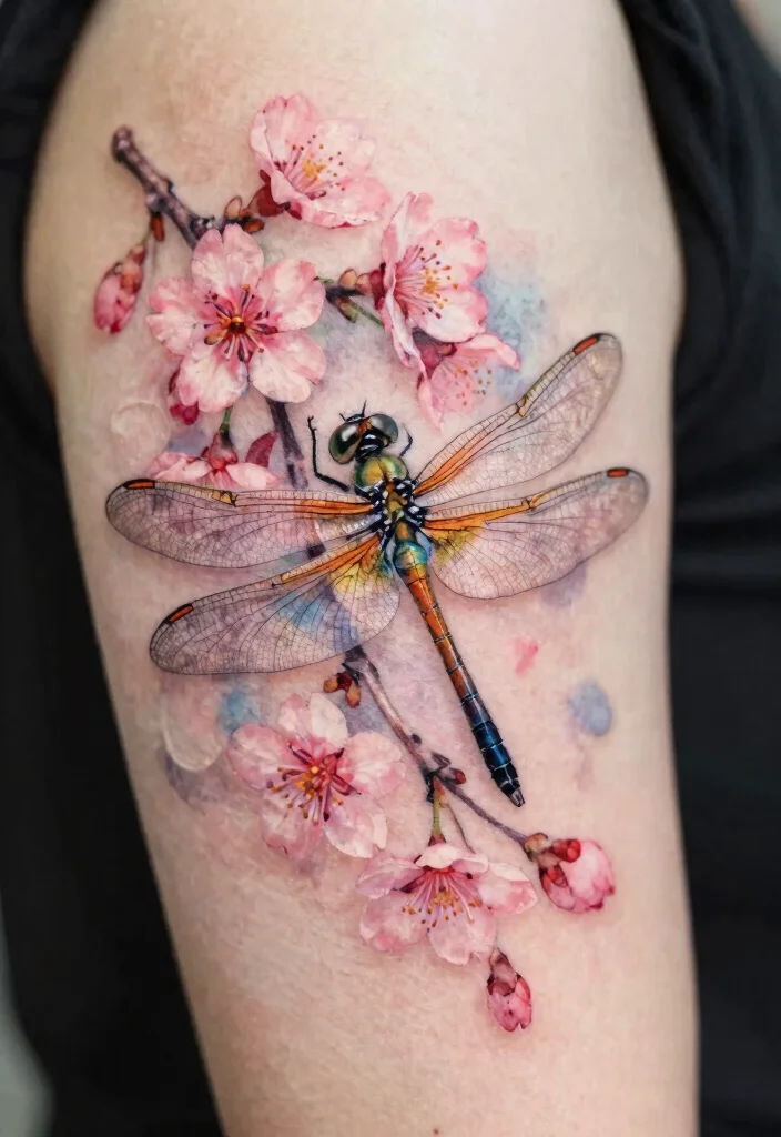 18 Dragonfly and Flower Tattoo Ideas With Natural Grace - 3. Majestic Dragonfly with Cherry Blossoms 1