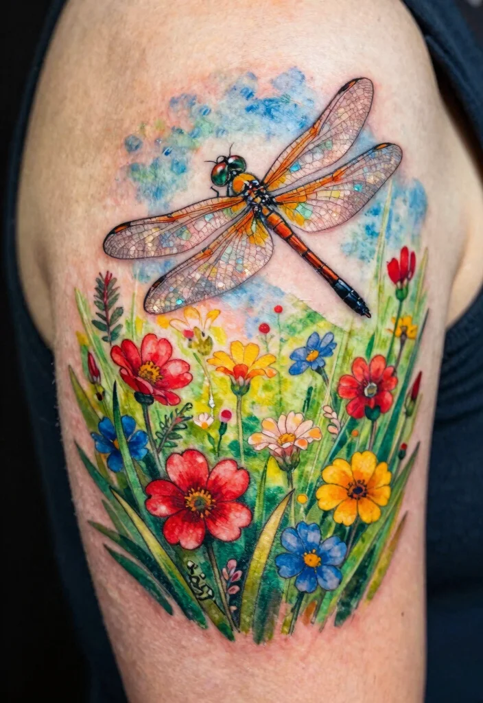 18 Dragonfly and Flower Tattoo Ideas With Natural Grace - 4. Colorful Dragonfly and Wildflower Meadow 1
