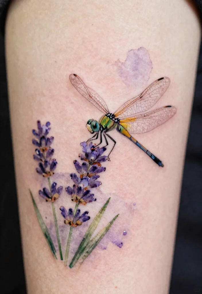 18 Dragonfly and Flower Tattoo Ideas With Natural Grace - 5. Delicate Dragonfly with Lavender Sprigs 1