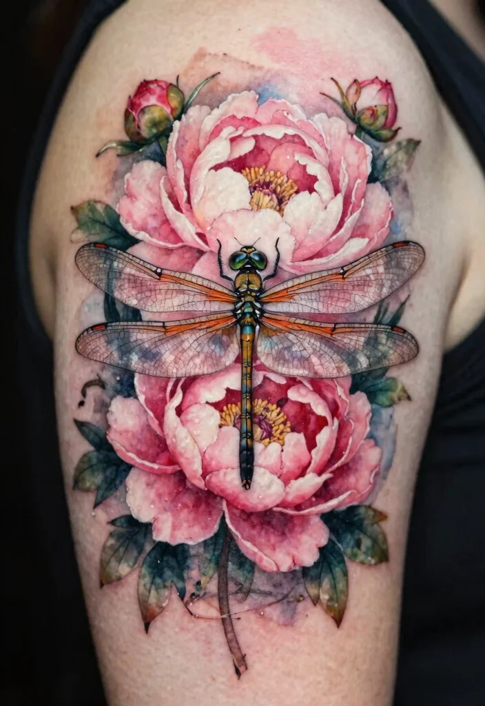 18 Dragonfly and Flower Tattoo Ideas With Natural Grace - 6. Artistic Dragonfly with Peonies 1