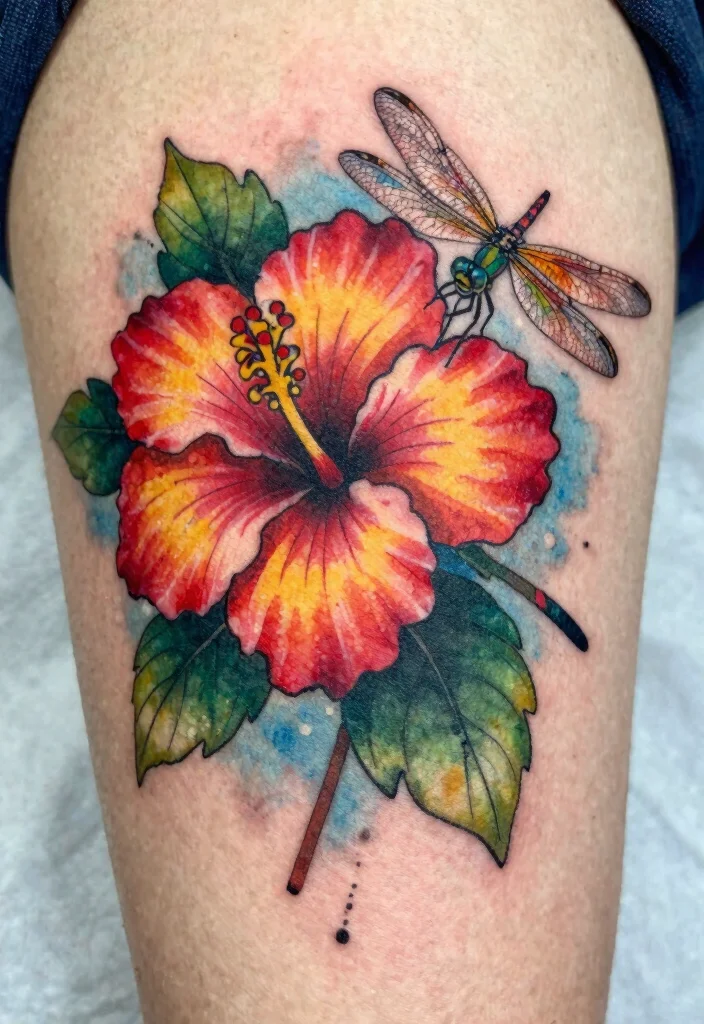 18 Dragonfly and Flower Tattoo Ideas With Natural Grace - 7. Dragonfly and Hibiscus Fusion 1