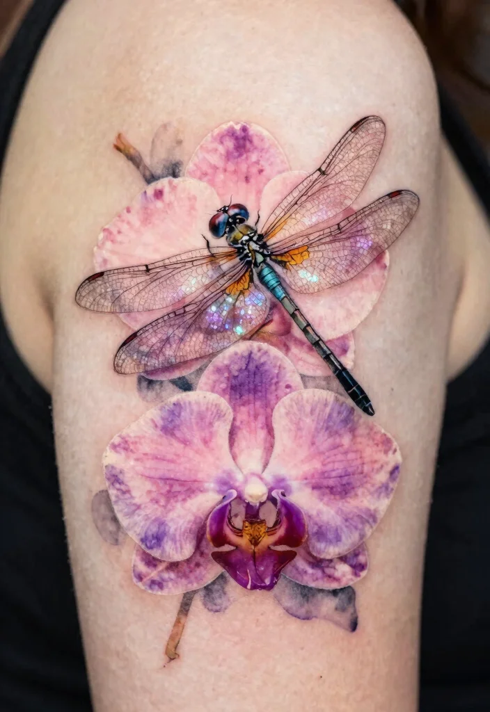 18 Dragonfly and Flower Tattoo Ideas With Natural Grace - 8. Elegant Dragonfly with Orchids 1