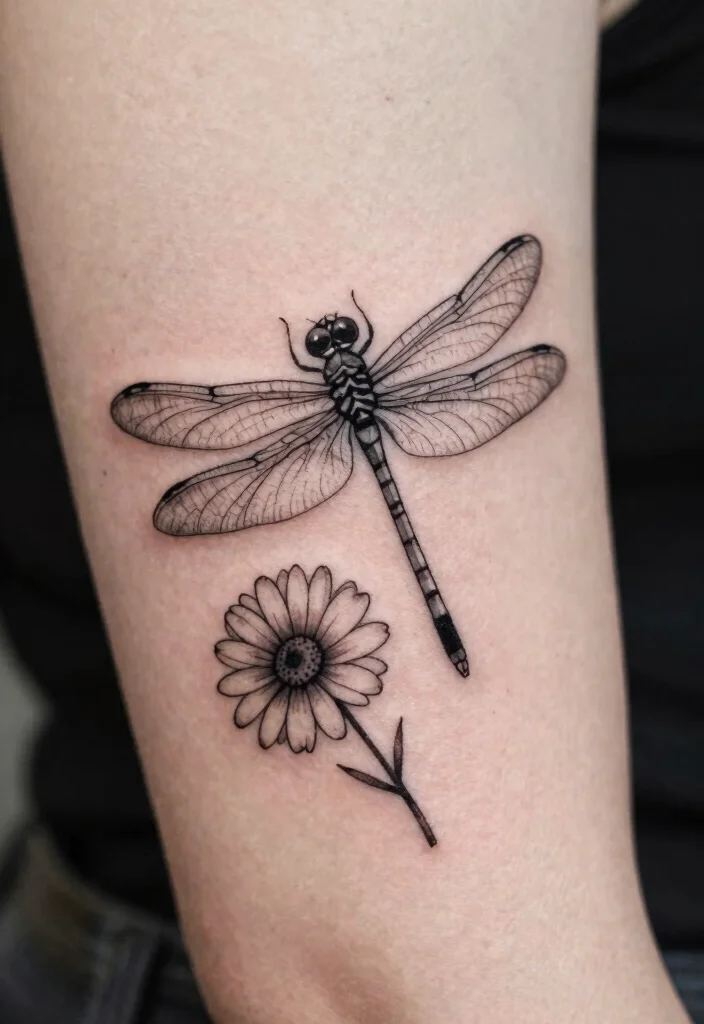 18 Dragonfly and Flower Tattoo Ideas With Natural Grace - 9. Minimalist Dragonfly and Daisy 1