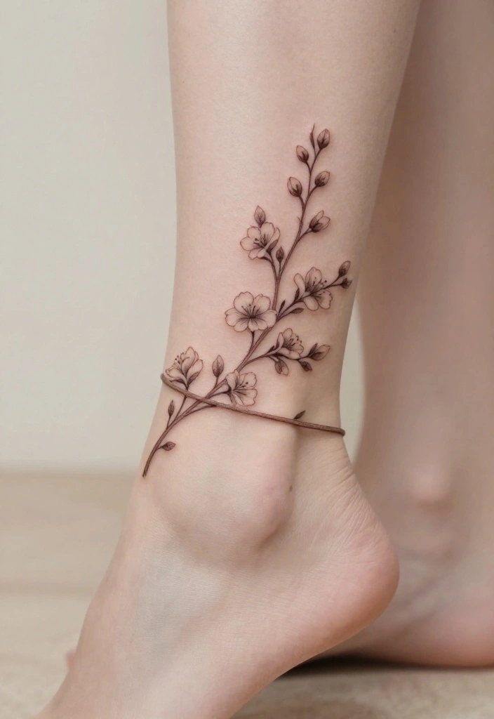 18 Flower Ankle Tattoo Wrap Around Ideas With Delicate Flow - 10. Simple Vine and Blossom 1