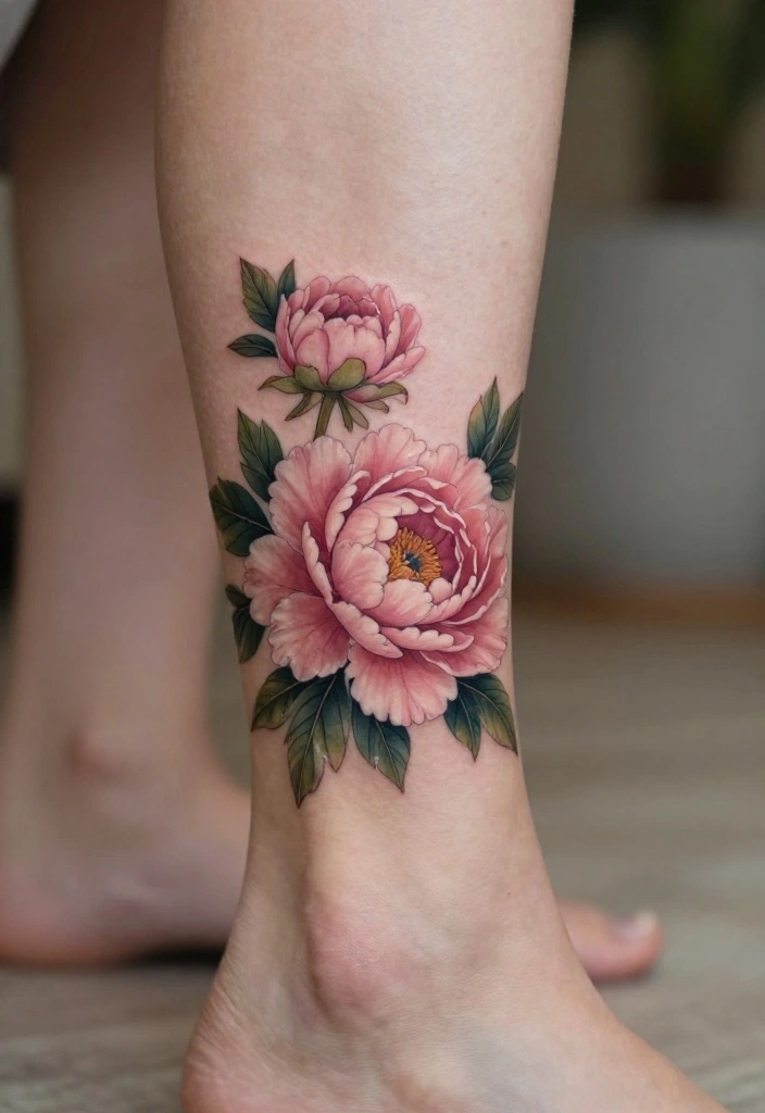 18 Flower Ankle Tattoo Wrap Around Ideas With Delicate Flow - 11. Soft Peonies 1