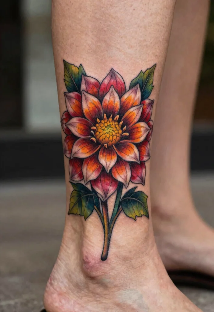 18 Flower Ankle Tattoo Wrap Around Ideas With Delicate Flow - 12. Bold Dahlia Designs 1