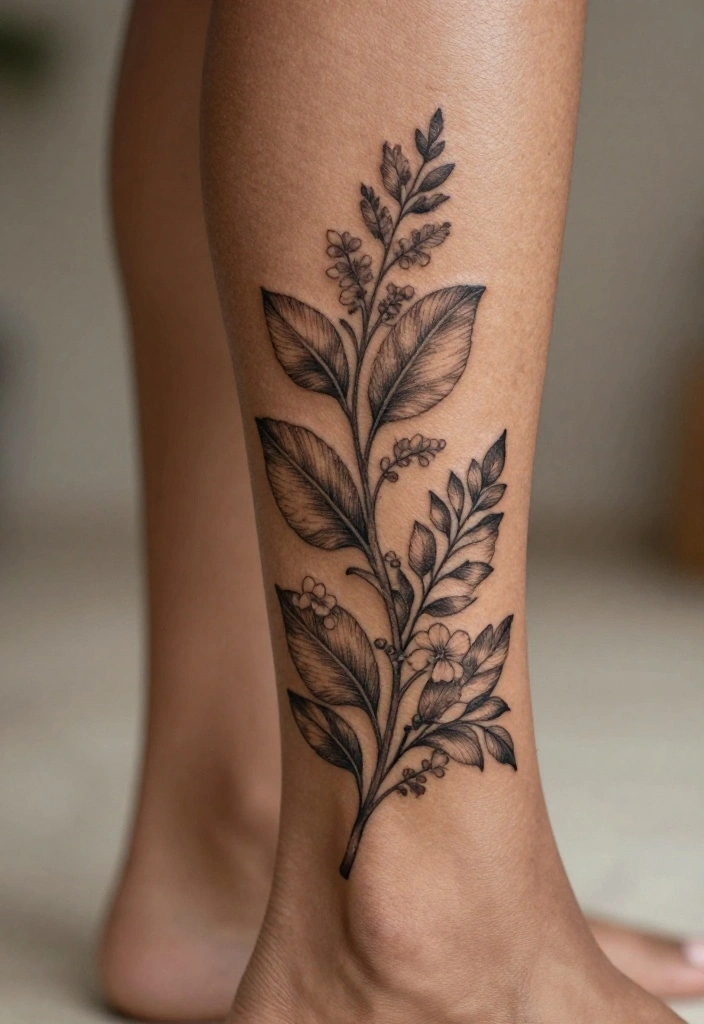 18 Flower Ankle Tattoo Wrap Around Ideas With Delicate Flow - 15. Natural Foliage Accents 1