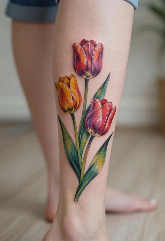 18 Flower Ankle Tattoo Wrap Around Ideas With Delicate Flow - 16. Artful Tulip Arrangement 1