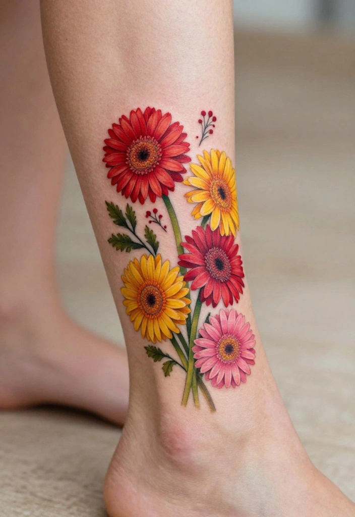 18 Flower Ankle Tattoo Wrap Around Ideas With Delicate Flow - 17. Lovely Gerbera Daisies 1