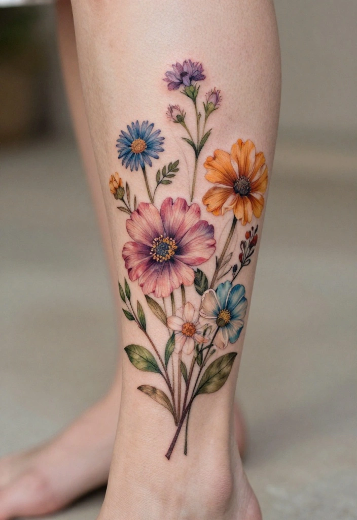 18 Flower Ankle Tattoo Wrap Around Ideas With Delicate Flow - 4. Whimsical Wildflowers 1