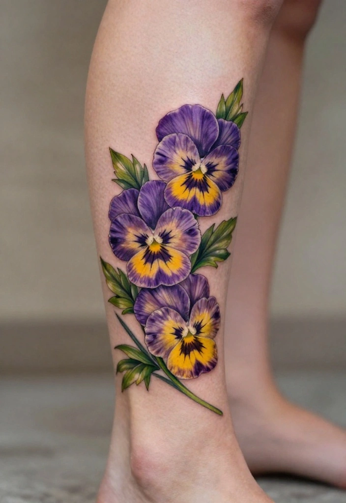 18 Flower Ankle Tattoo Wrap Around Ideas With Delicate Flow - 8. Sweet Pansies 1