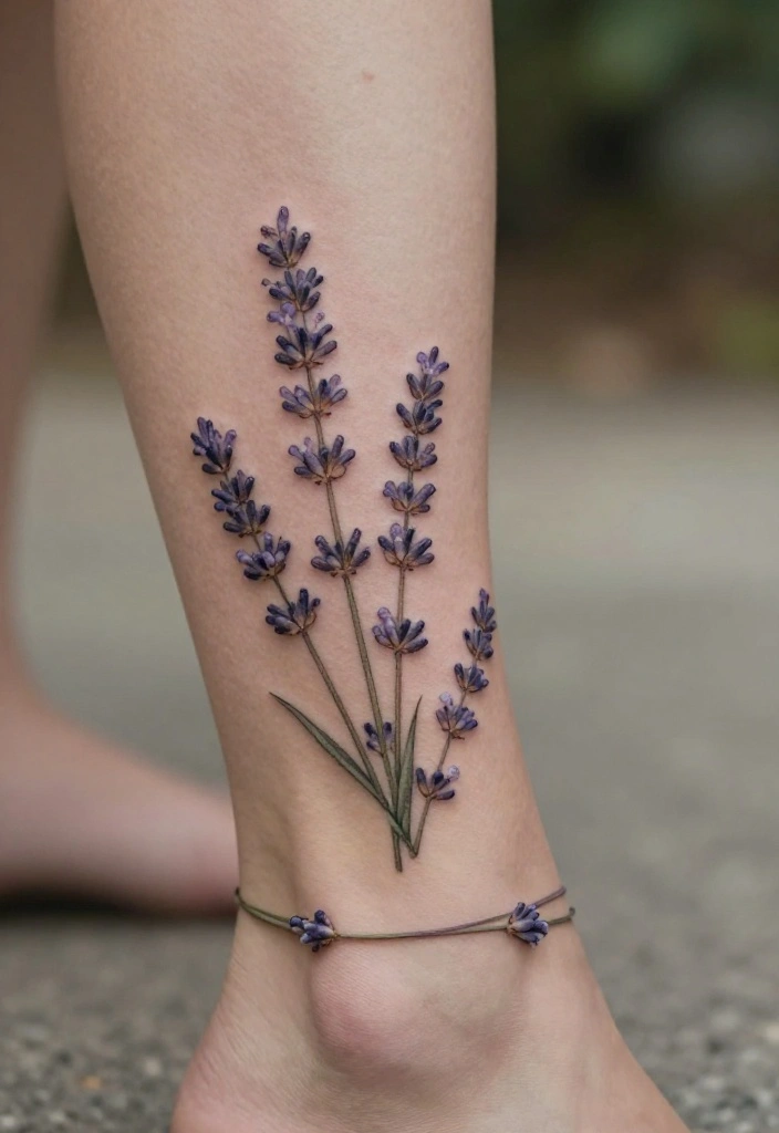 18 Flower Ankle Tattoo Wrap Around Ideas With Delicate Flow - 9. Delicate Lavender Sprigs 1