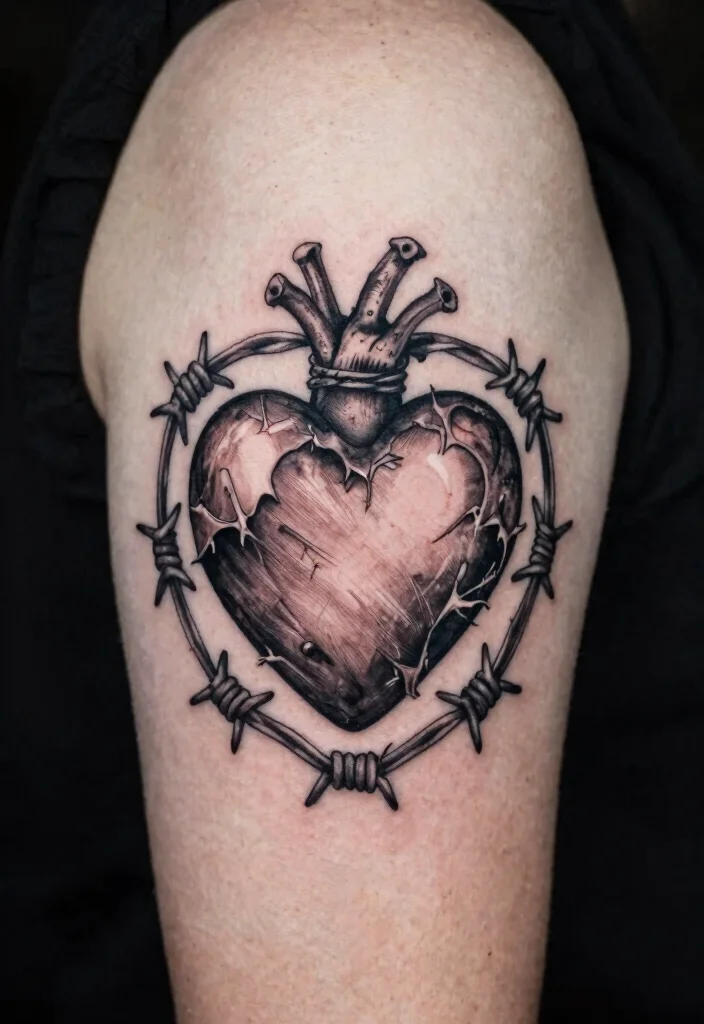 18 Heart Frame Tattoo Ideas With Romantic Detail - 15. Heart with Barbed Wire 1