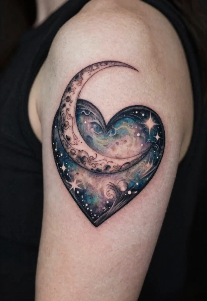 18 Heart Frame Tattoo Ideas With Romantic Detail - 17. Heart with a Moon 1