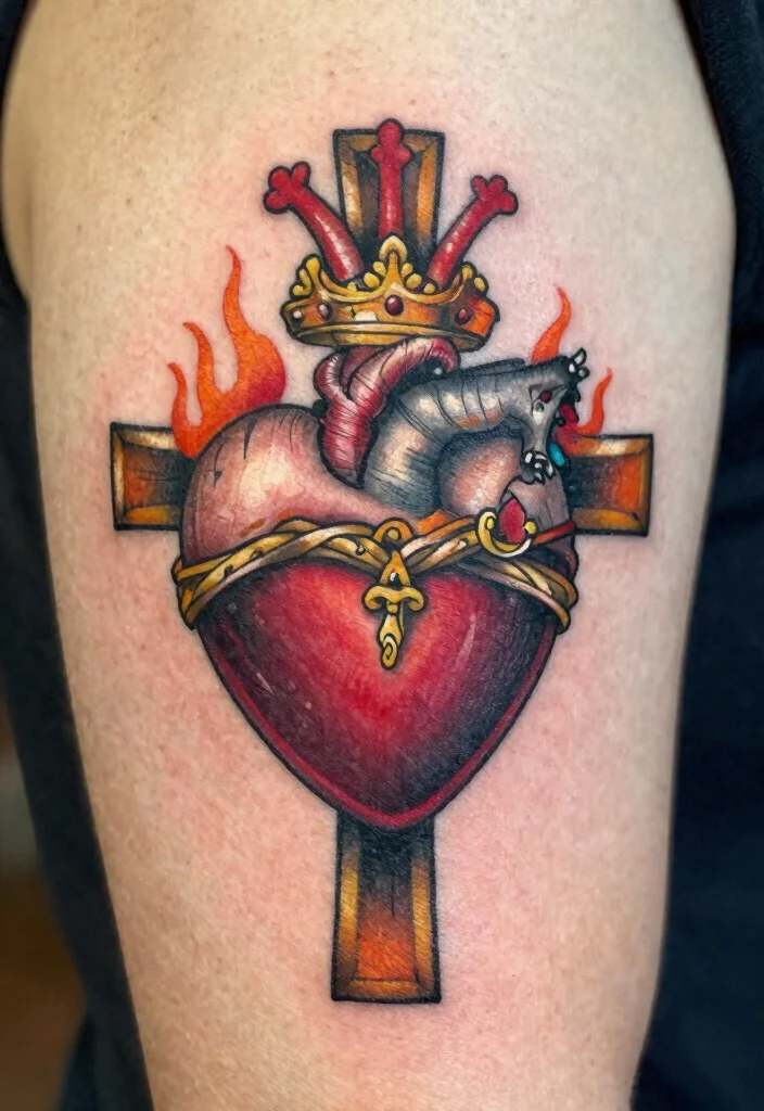 18 Heart and Cross Tattoo Ideas With Spiritual Symbolism - 1. Sacred Heart with Cross 1