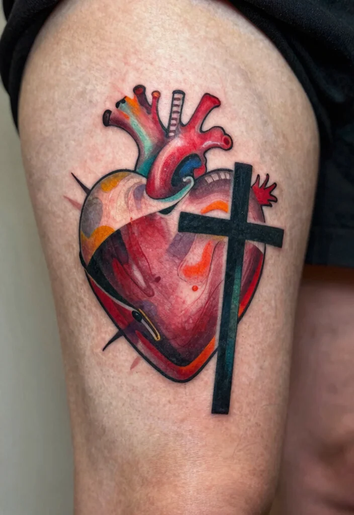 18 Heart and Cross Tattoo Ideas With Spiritual Symbolism - 13. Abstract Heart and Cross 1
