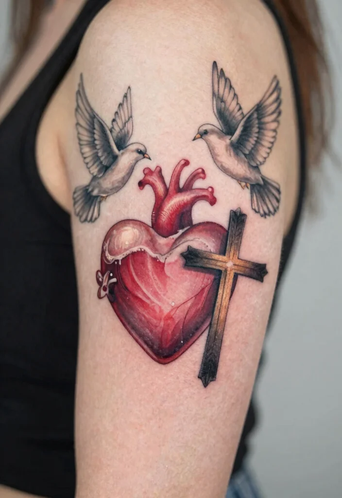 18 Heart and Cross Tattoo Ideas With Spiritual Symbolism - 15. Heart and Cross with Doves 1
