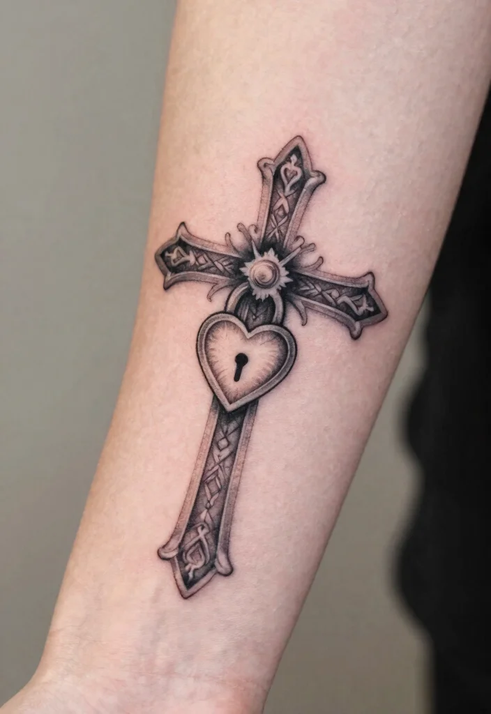 18 Heart and Cross Tattoo Ideas With Spiritual Symbolism - 16. Cross with Heart Lock 1