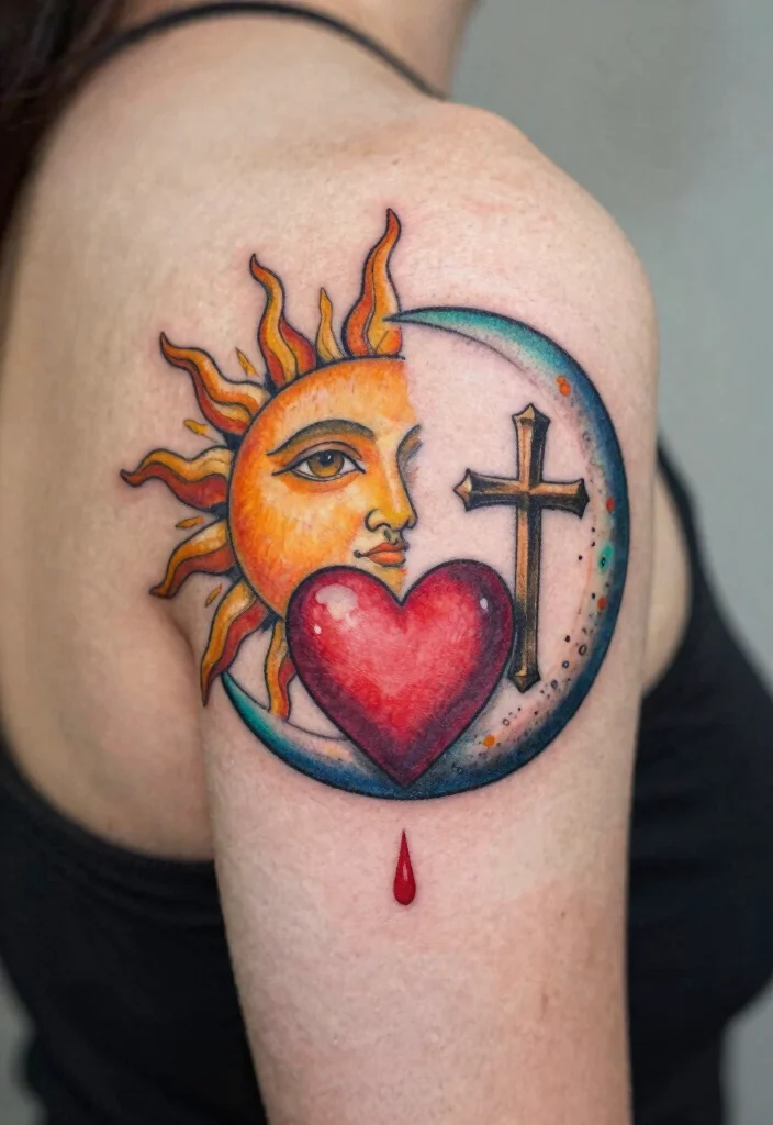 18 Heart and Cross Tattoo Ideas With Spiritual Symbolism - 17. Sun and Moon with Heart and Cross 1