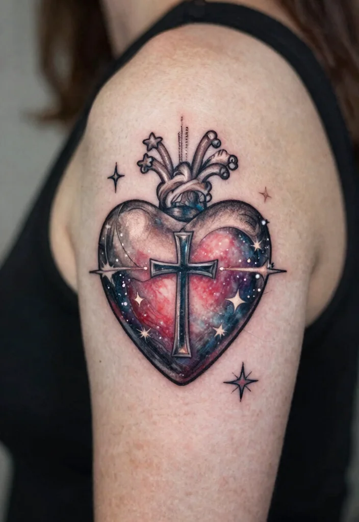 18 Heart and Cross Tattoo Ideas With Spiritual Symbolism - 18. Heart and Cross with Stars 1