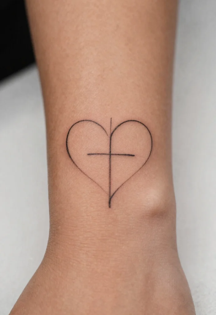 18 Heart and Cross Tattoo Ideas With Spiritual Symbolism - 2. Minimalist Heart and Cross 1
