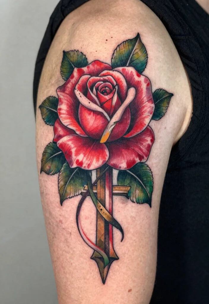 18 Heart and Cross Tattoo Ideas With Spiritual Symbolism - 3. Rose and Cross Tattoo 1