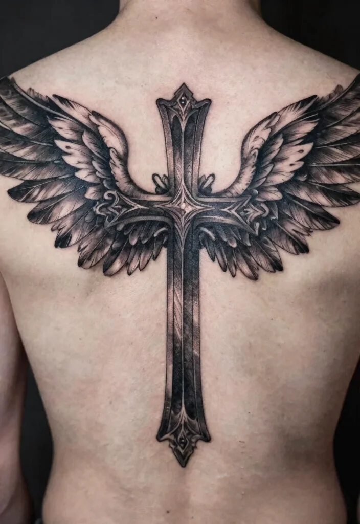 18 Heart and Cross Tattoo Ideas With Spiritual Symbolism - 5. Cross with Wings 1