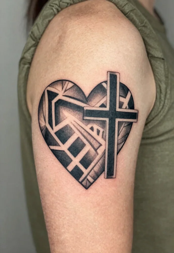 18 Heart and Cross Tattoo Ideas With Spiritual Symbolism - 6. Geometric Heart and Cross 1