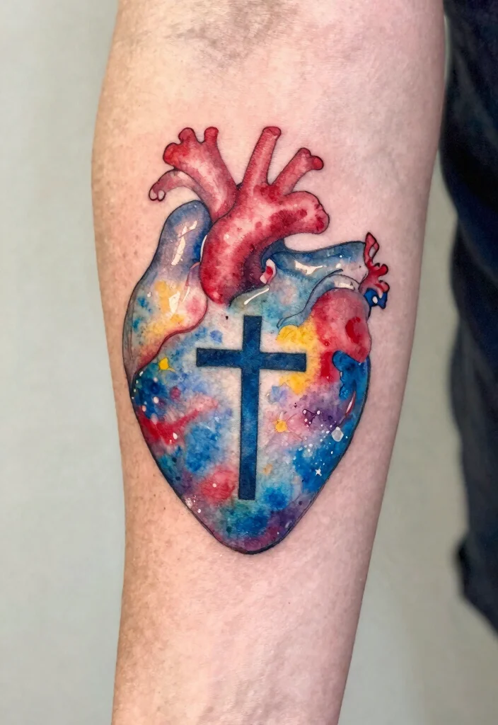 18 Heart and Cross Tattoo Ideas With Spiritual Symbolism - 7. Watercolor Heart and Cross 1