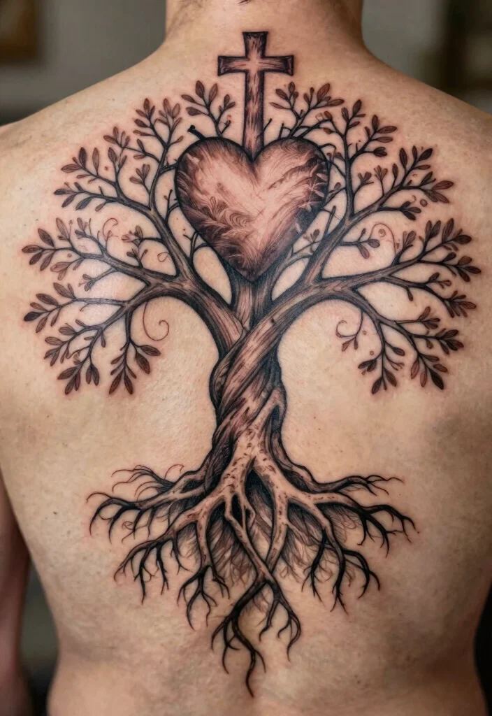 18 Heart and Cross Tattoo Ideas With Spiritual Symbolism - 8. Family Tree with Heart and Cross 1