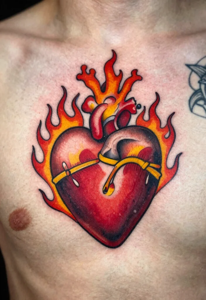 18 Sacred Heart Chest Tattoo Ideas With Bold Devotion - 1. Classic Sacred Heart with Flames 1